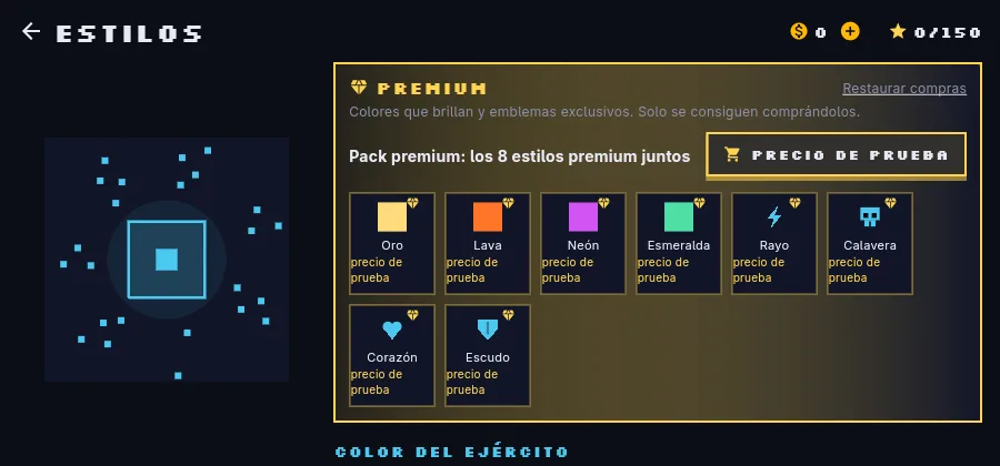 Pantalla de estilos: vista previa de una base cian y la sección premium con colores animados y emblemas.