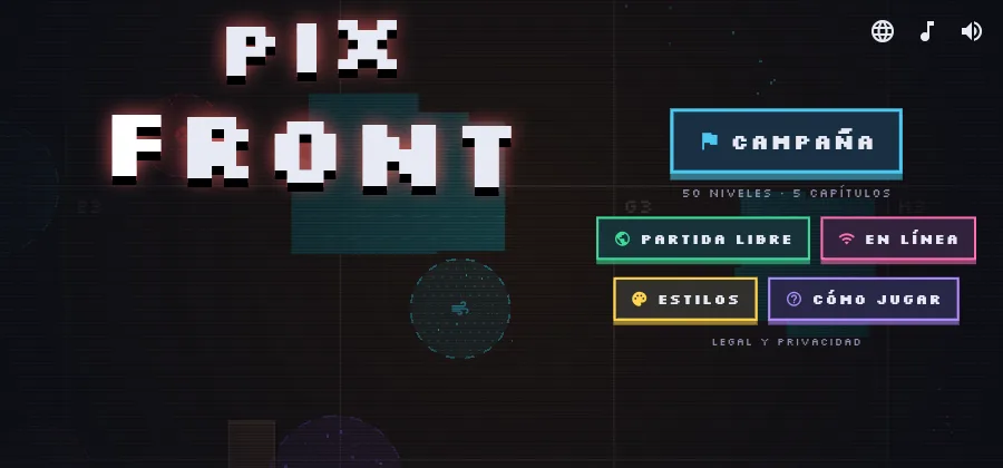 Pantalla de inicio de Pixfront: el logotipo pixelado sobre una batalla de fondo y los botones Campaña, Partida libre, En línea, Estilos y Cómo jugar.